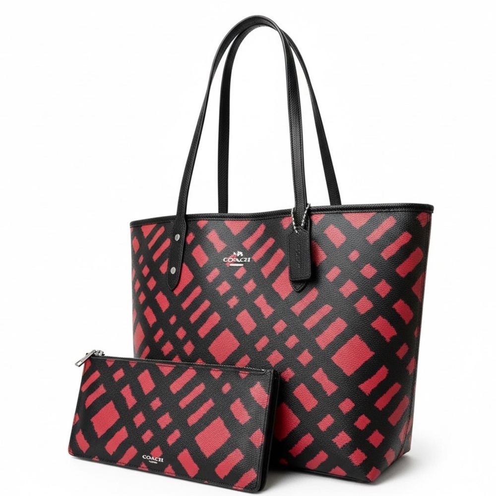 Coach Wild Plaid Graphic City Tote Bag with Matching Pouch (Large) NWOT - Picture 2 of 15